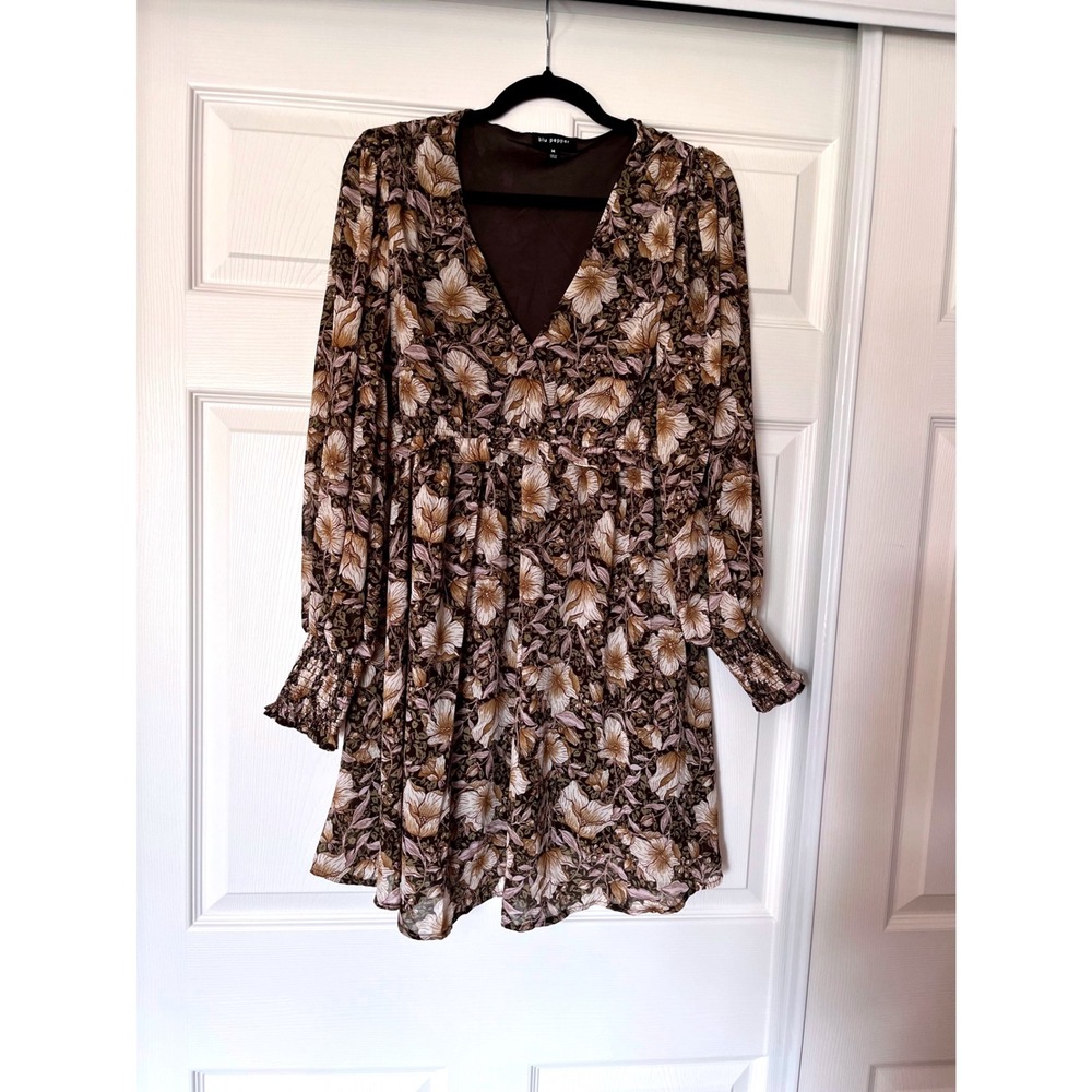Blu Pepper Womens Brown Floral V-Neck Smocked Cuff Mini Dress Size M